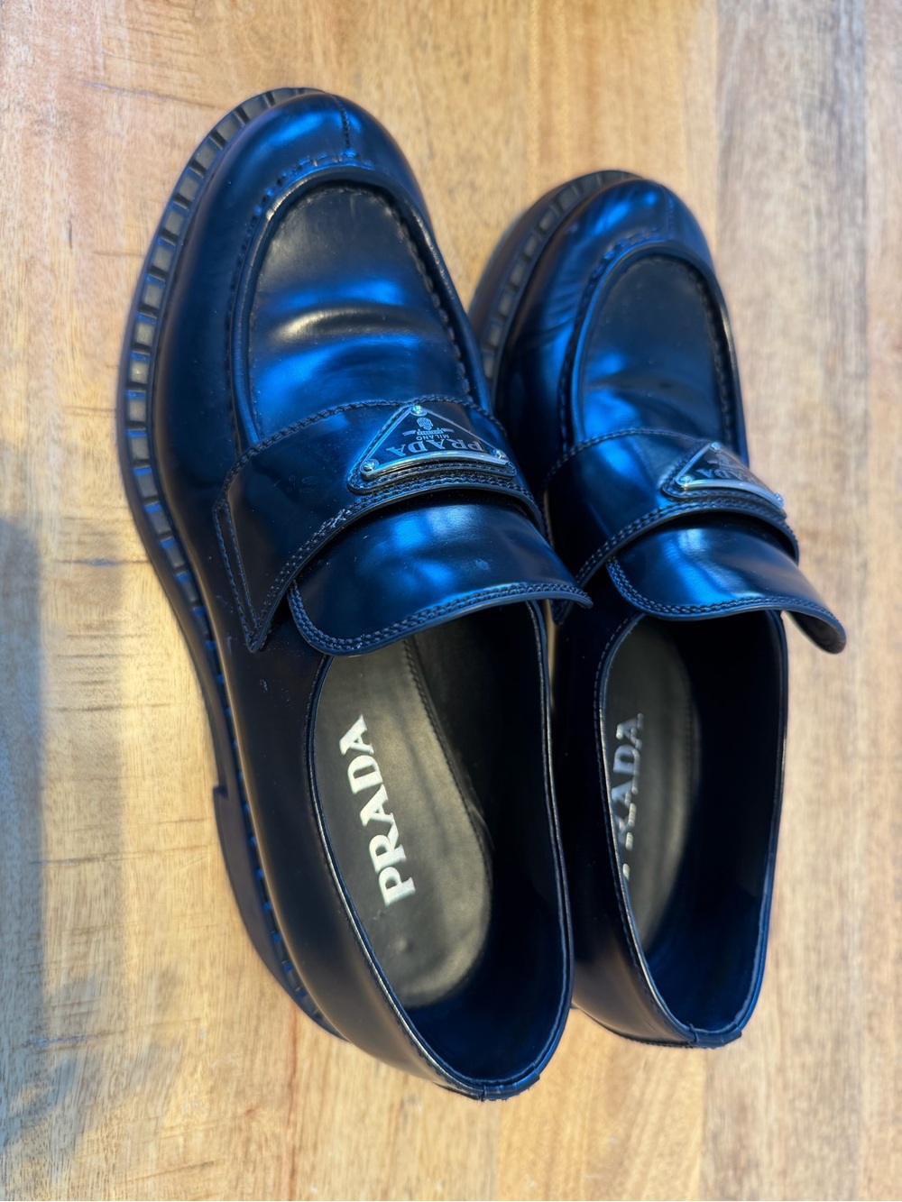 Prada Black Leather Logo Strap Loafers - Picture 2 of 8